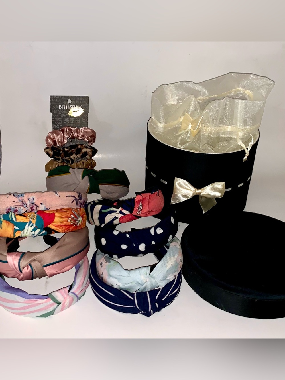 9 Assorted Knotted Headbands (like new), Scrunchies (New) & Storage Bin